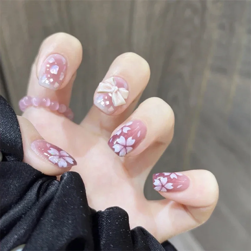 24Ps/Set Gradient Colour Sticky Wearing False Nails Tips Love Peach Bowknot Press on Nail Seeing Light Changing Colour Fake Nail