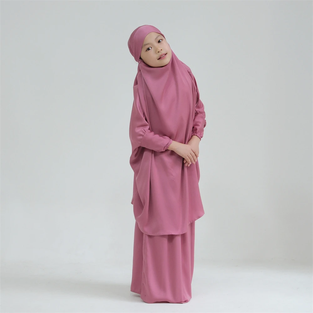 2Pcs Muslim Kids Girls Overhead Hijab Dress Abaya Set Islamic Child Ramadan Prayer Burka Arab Khimar Headscarf Skirt Niqab Suit image 3