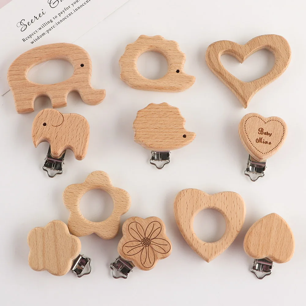 Kovict 5Pcs Baby Pacifier Clips Wooden Metal Round Animal Modelling Pacifier Holder Baby DIY Components For Jewelry Making