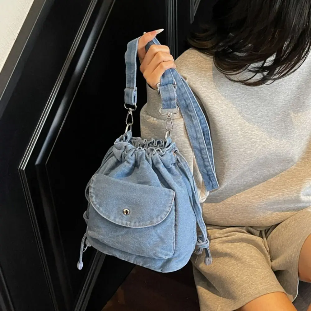 

Korean Style Retro Denim Shoulder Bag Crossbody Bag Solid Color Drawstring Bucket Bag Purse Wallet Bags Mobile Phone Bag