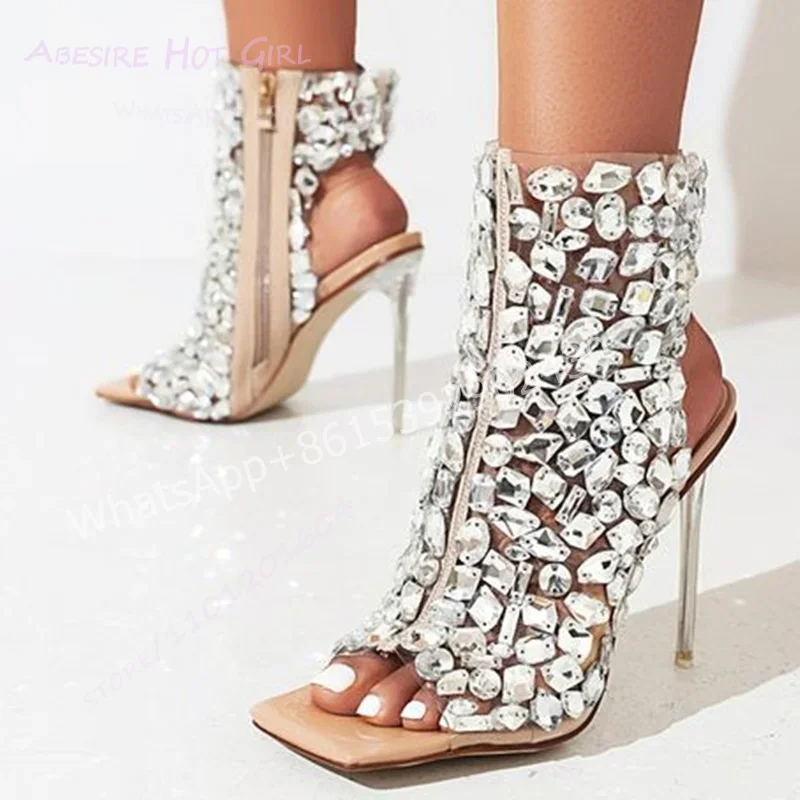 حجر كبير الماس الفضة براءات الاختراع والجلود النساء الصنادل ساحة تو المفتوحة الأحذية الخنجر الكعوب عودة البريدي الفاخرة فتاة حفلة لامعة حذاء #5