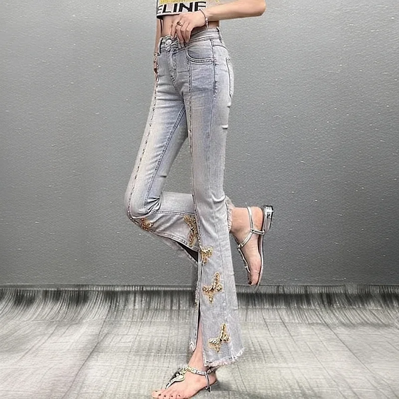 

Women rhinestone Trousers 2025 Summer New Retro Cotton Stretch Bell-bottoms Pants High Street