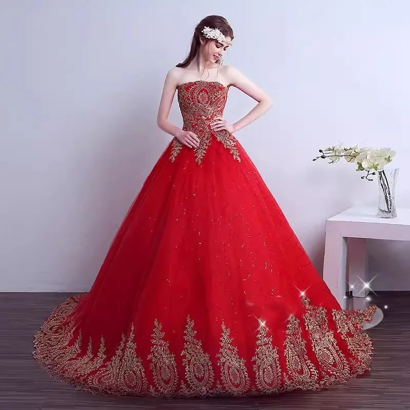 It's Yiiya Red Weddding Dresses Bling Golden Appliques Strapless Lace up Princess Floor-length Plus size Bride Ball Gowns XN015