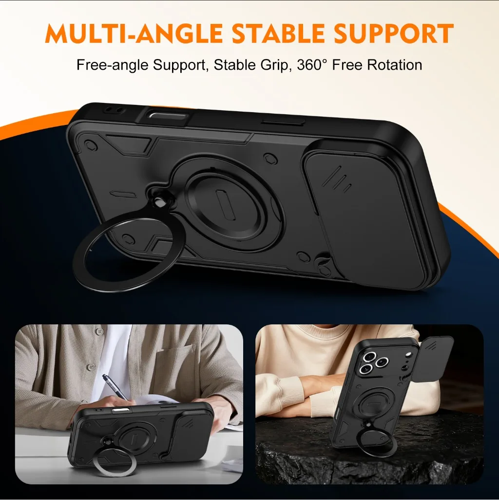 Armor Shockproof Phone Case w/ Slide Camera Cover 360° Rotatable Ring Holder Kickstand For iPhone 16 17 Pro Max Protective Cover - view 4