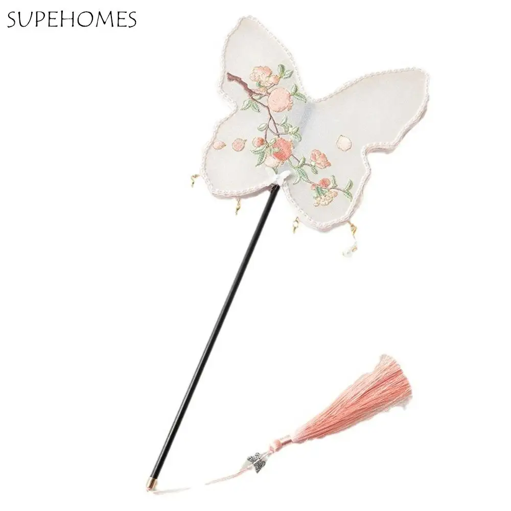 

Handmade Embroidery Ancient Style Long Handle Fan Pearl Tassel Classical Flower Shape Fan Portable Vintage Dancing Fan Outdoor