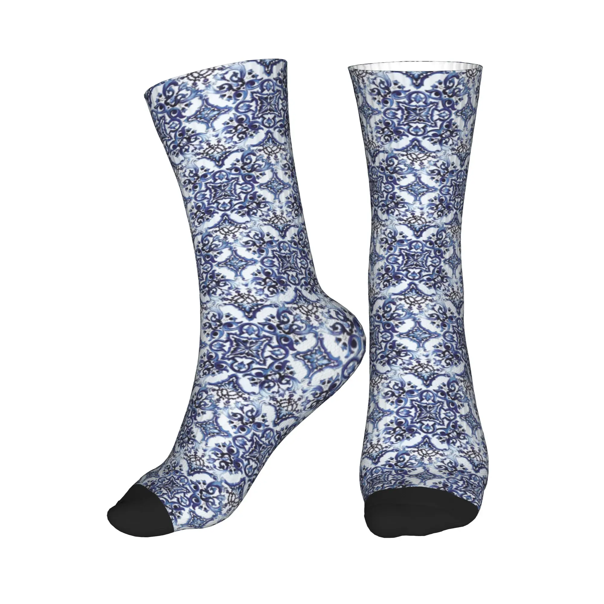

All Seasons Blue Ornate Floral Mediterranean Sicilian Tile Sport Middle Tube Socks Crew Socks Fashion Stockings for Men Women