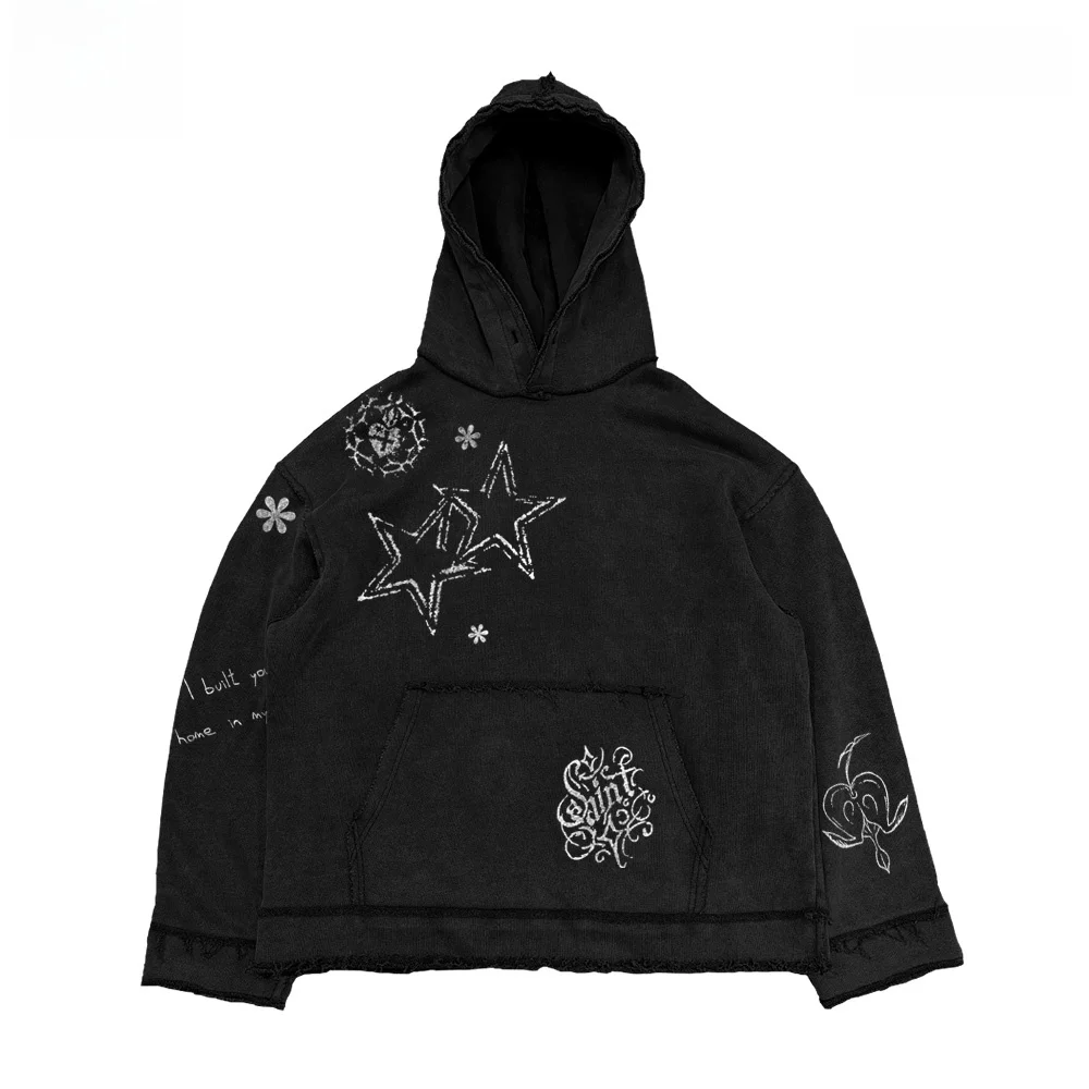 Retro American Light Subculture Hoodie Black Heavy Washed Distressed Sweatshirt Autumn Winter Men's Casual Loose Fit T-Shirt