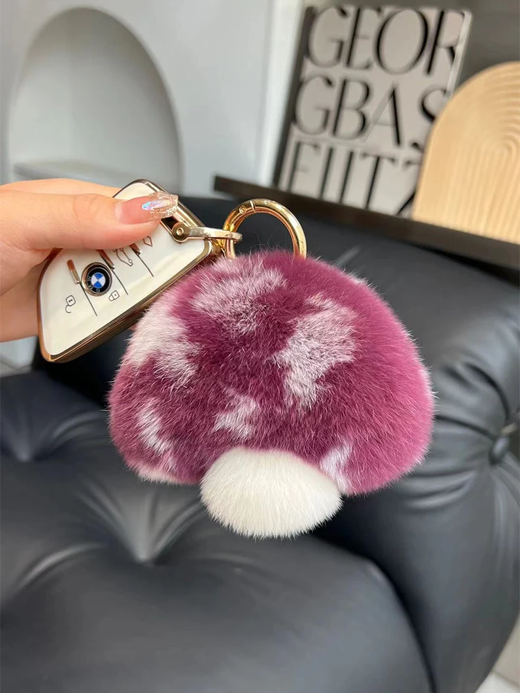 Cute Mushroom Real Rex Rabbit Fur Key Chains Girls Schoolbag Toy Pendant Plush Ball Women Bag Charm Ornaments Car Keyring Gift