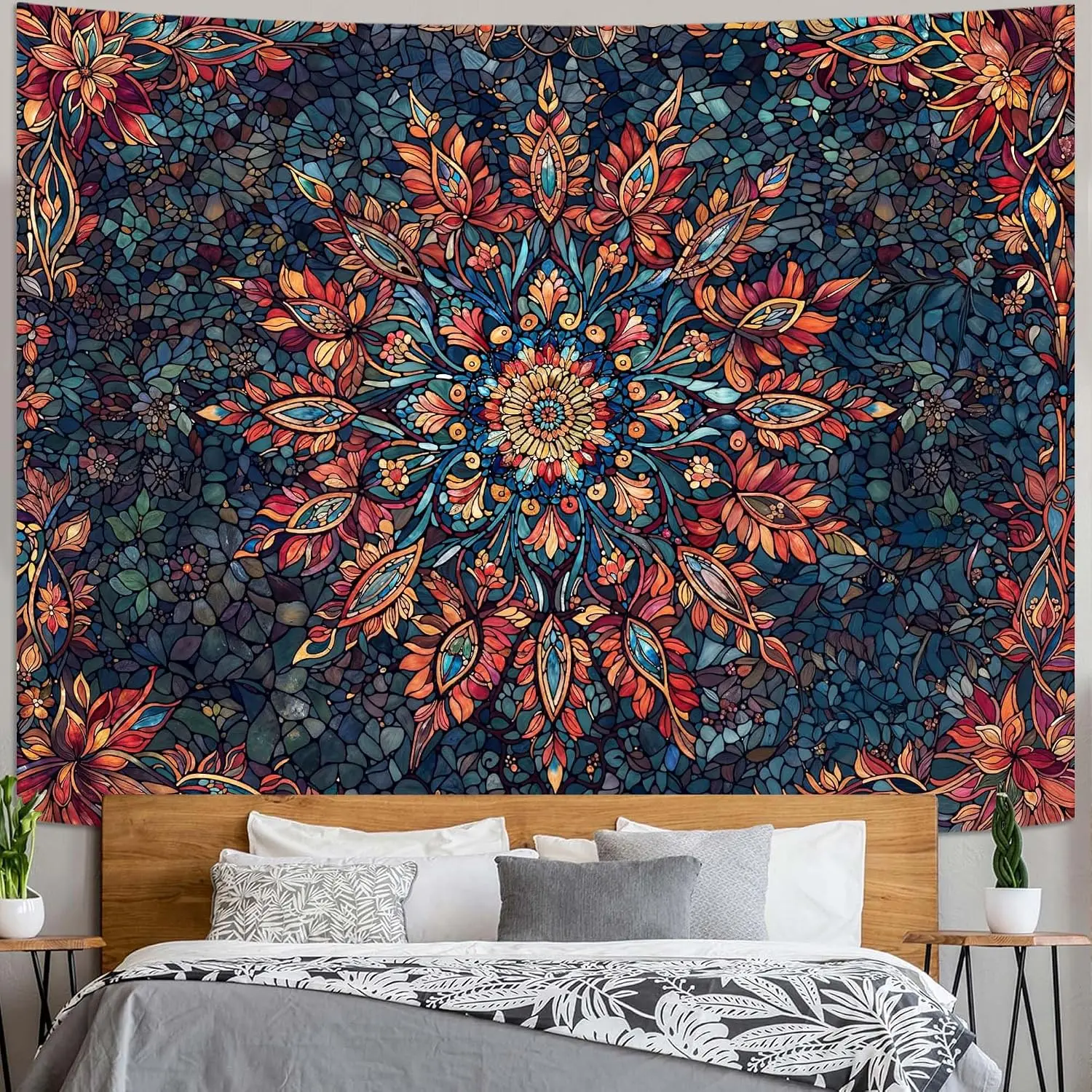 Wall Tapestry Large Wall Tapestry for Bedroom Boho Floral Bohemian Flower Aesthetic Stained Glass Red Blue