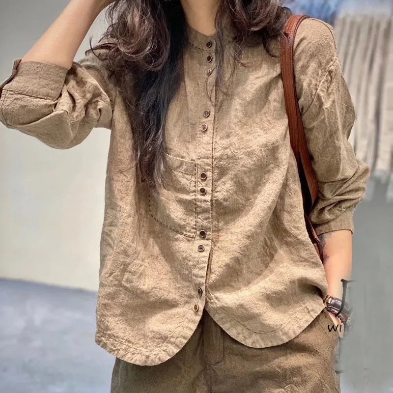 

2025 New Summer Casual Cotton Shirt Women Korean Fashion Retro Trend Female Tops China Style Minimalist Blouse Woman