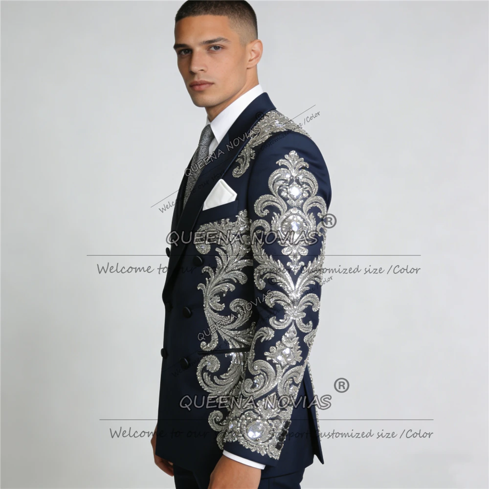 

Unique Design Beaded Stones Men's Suit Attire For Wedding 2 Piece Set Double Breasted Jacket Pants Customized Groom Tuxedos 2026