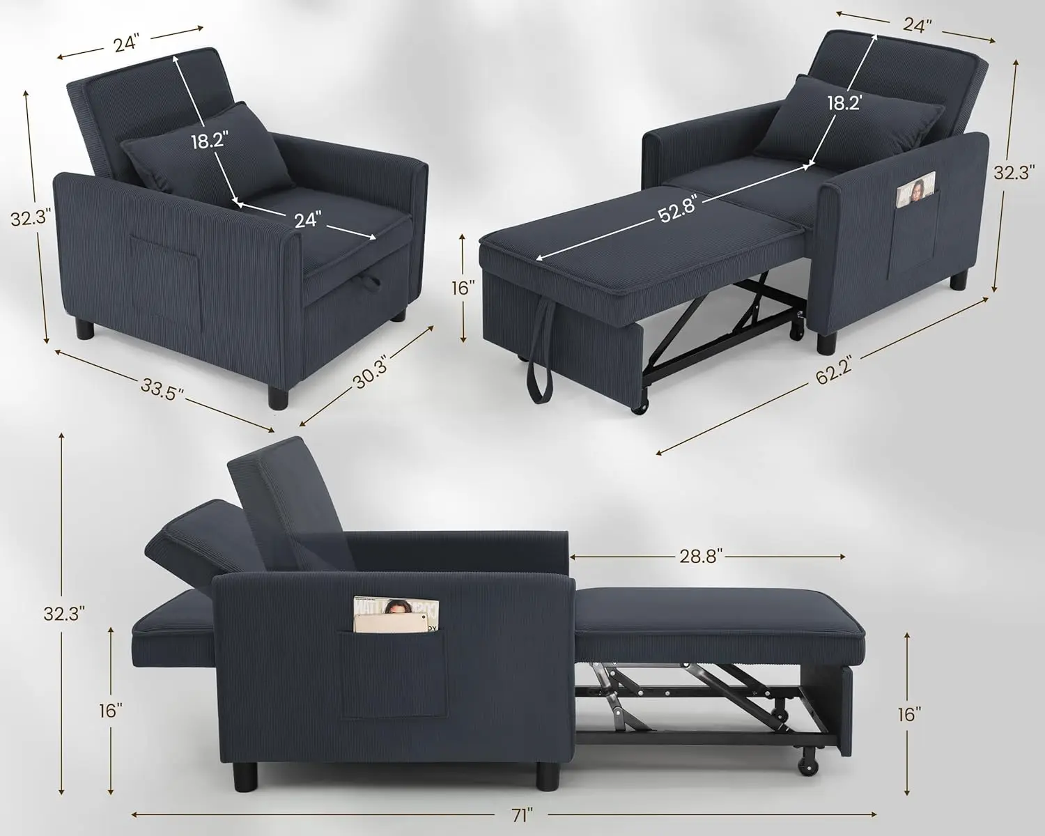 Sofa Bed 4-in-1 Convertible Sleeper Chair Modern Pull Out Couch Bed for Adults w/Adjustable Backrest 2 Side Pockets Pillow Cordu