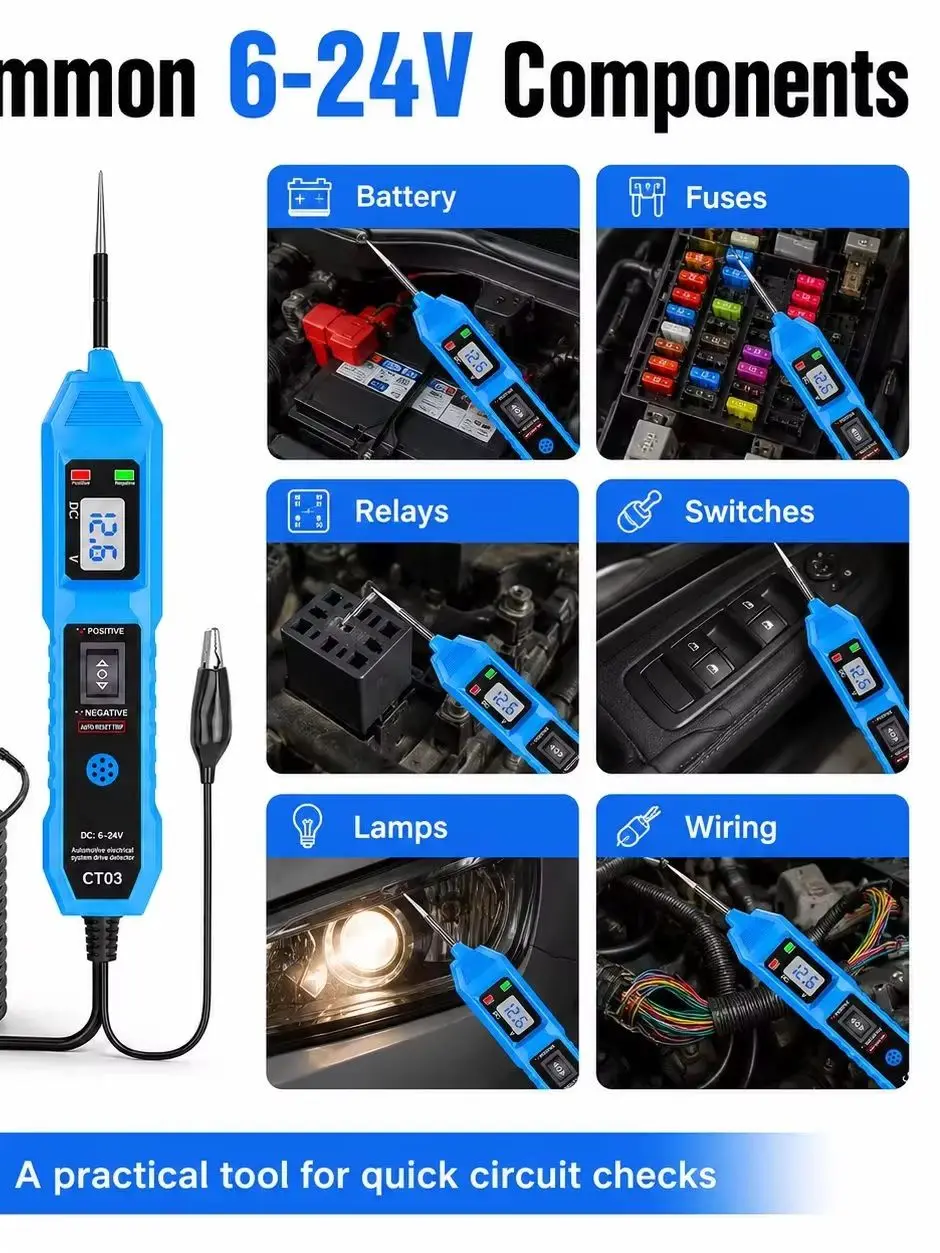 CT03 Automotive Circuit Tester 6-24V Power Probe Voltage Detector LED Light Buzzer Prompt Car Electrical Diagnostic Tool