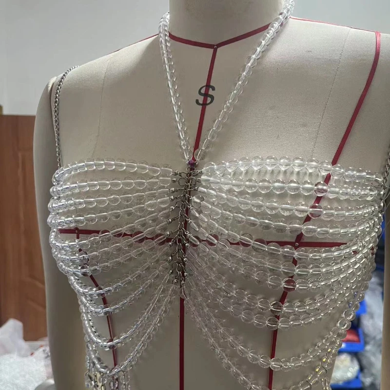 

Crystal Beaded Bra Top Chain Body Jewelry for Women Transparent Statement Festival Outfit Rave Wear or Dance Costume Accessory