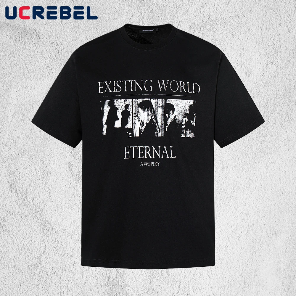 

Portrait Print Short Sleeve T-shirt Mens Summer Retro Streetwear Loose Half-Sleeve Crew Neck Cotton Tee Man Tshirt