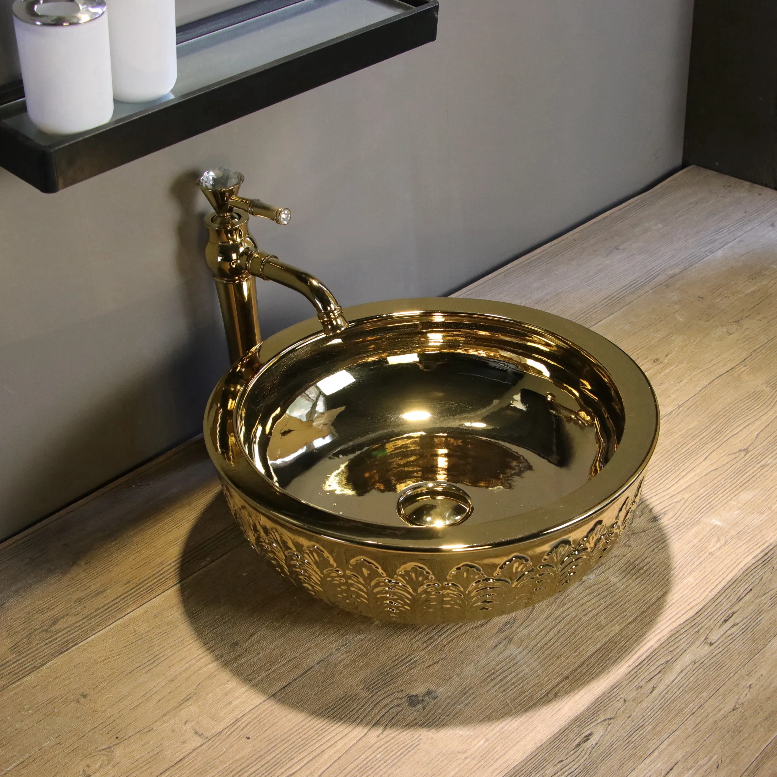 Hand Carved Leaf Luxury Gold Ceramic Bathroom Countertop Wash Basin Vessel Sinks Bowl Vanity Faucet Combo Jingdezhen Porcelain