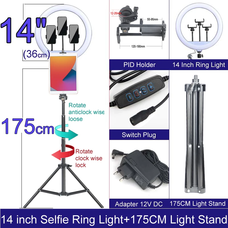 10 12 14 Inch Dimmable LED TAB PAD Holder Tablet Selfie Ring Light with Stand 160cm 200cm Tripod Lamp Photography Phone Studio