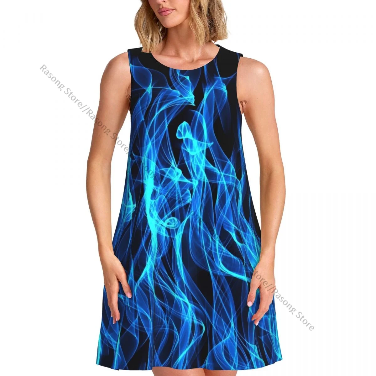 Women's Dress Summer Casual T Shirt Dresses Beach Cover up Blue Fire Texture Tank Dress