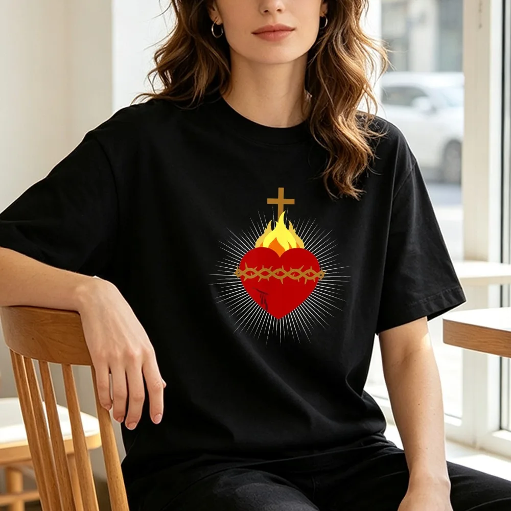 T-shirt imprimé Cœur Sacré Flamme Croix Couronne d'épines, dévotion catholique, t-shirt chrétien, respirant, en coton, pour l'été