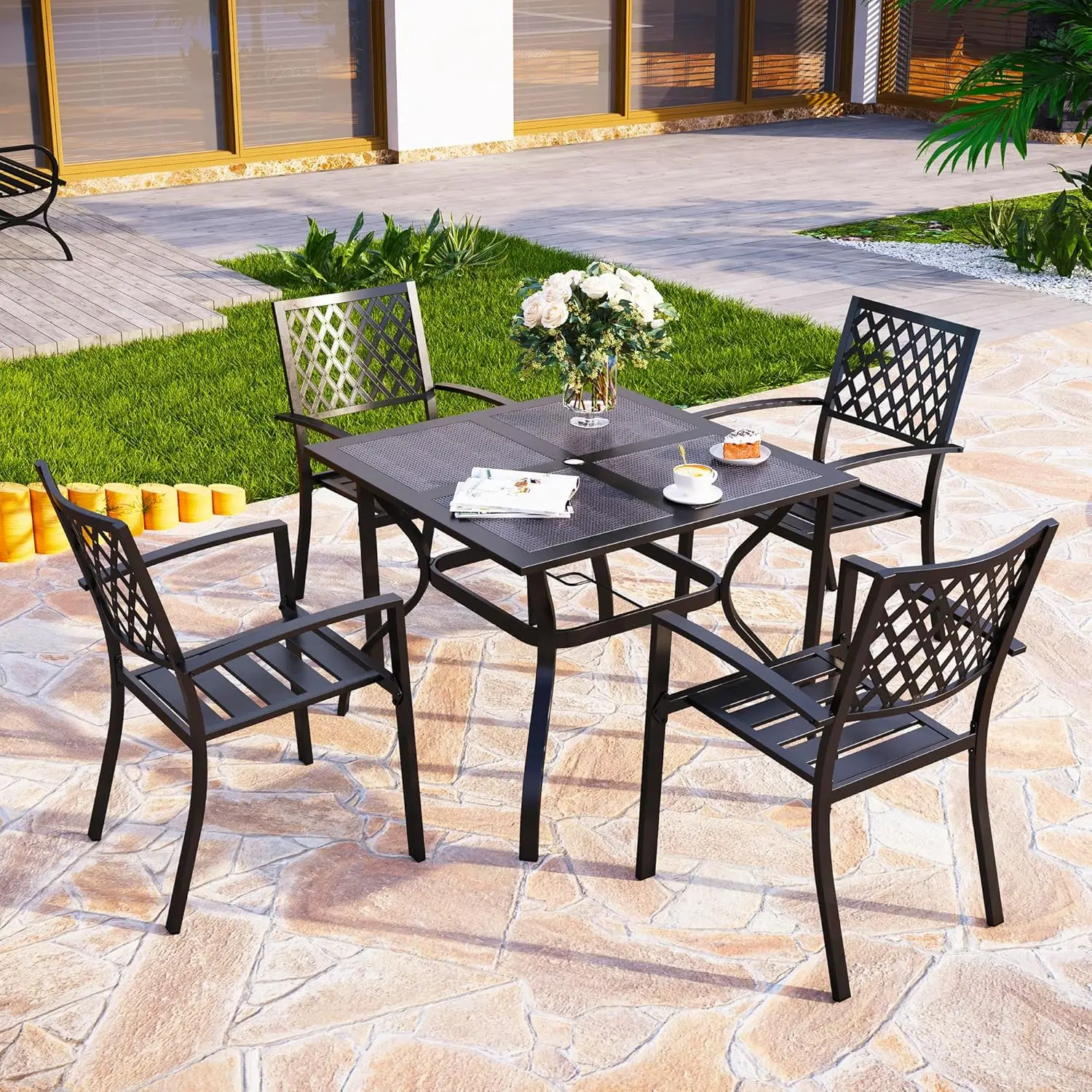 

Patio Dining Set Wrought Iron Outdoor Table and Chairs Furniture Set 5 Piece 37" Square Bistro Table with Umbrella Hole and 4 Ba