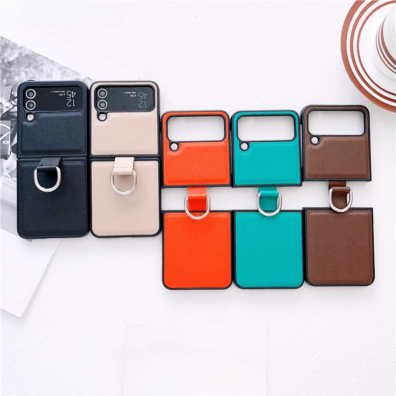 For Samsung Galaxy Z Flip 5 4 3 Phone Case Luxury Pu Leather Hard Plastic Back Cover5G Case with Ring