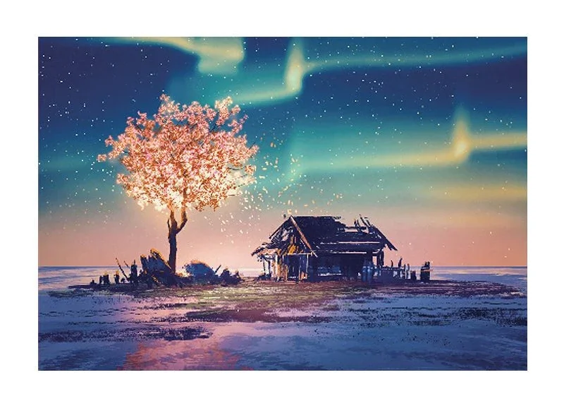 

500 PCS Jigsaw Puzzle Aurora Borealis with Cherry Blossom Tree and Cabin Diy for Adults Beginners, Gifts Home Decoration Games