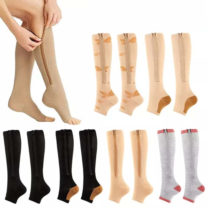 

Women Men Sports Stress Socks Solid Color Long Elastic Compression Socks Leg Support Stockings Open Toe Socks with Zipper