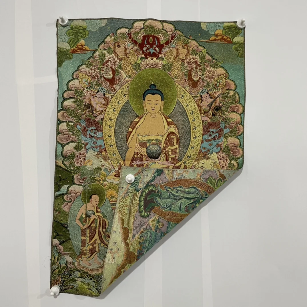 

35"Thangka Embroidery Tibetan Buddhism Silk Embroidery Shakyamuni Medicine Buddha Thangka hanging screen Worship Hall Town house