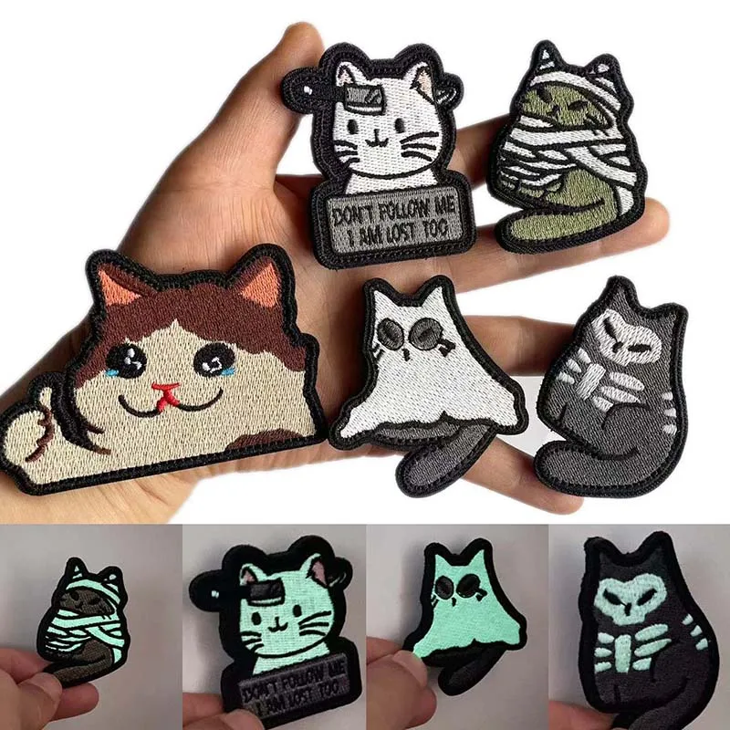 Luminous Ghost Cat,Cartoon Fabric Stickers Embroidery Hook and Loop Patches Glow in Dark Tactical Badge For Backpack,Clothing