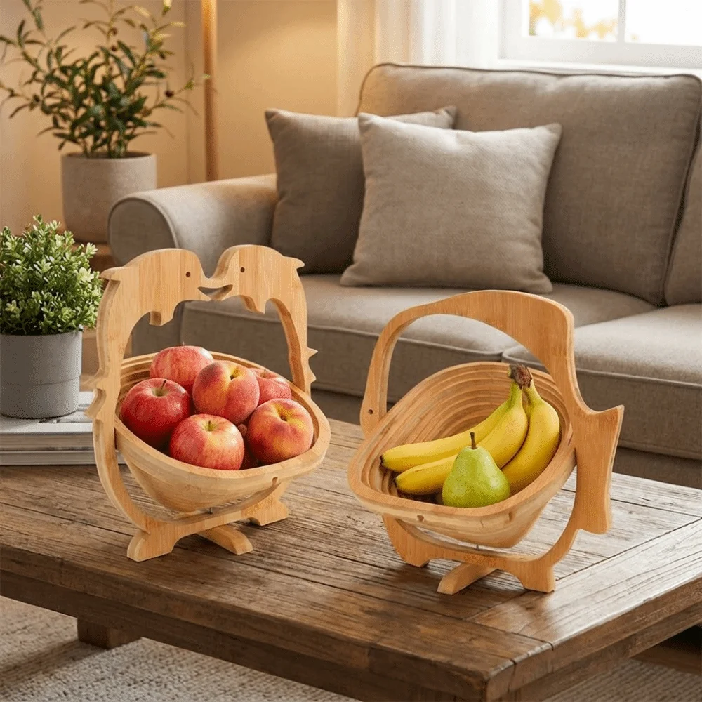 Multi-functional Folding Fruit Shaped Basket Dolphin Shape Eco-friendly Bamboo Snacks Bowl Stable Base Heat Resistant Mat