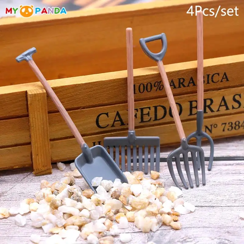 4Pcs 1:12 Dollhouse Miniature Gardening Tools Shovel Rake Hoes Model DIY DollHouse Farm Scene Decor Accessories Pretend Play Toy