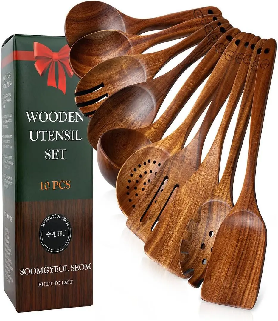 

Набор кухонной утвари из тикового дерева, 10 предметов — прочный, с антипригарным покрытием и термостойкий, со удобной ручкой