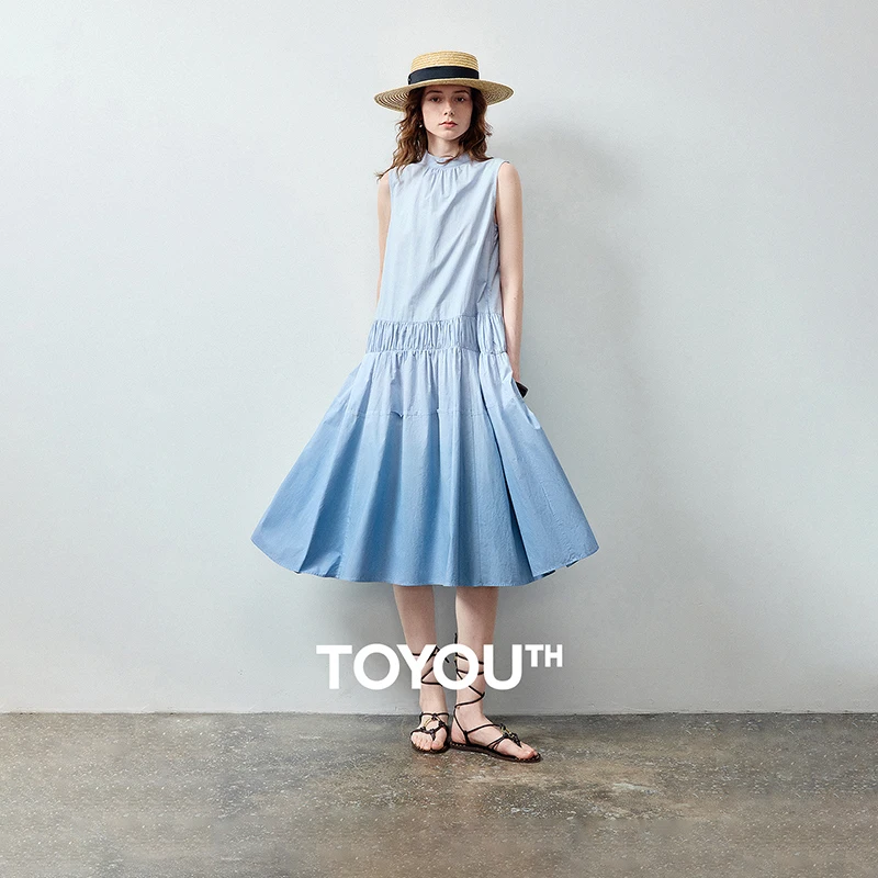 TOYOUTH Women Dress 2026 Summer 100% Cotton Stand Collar Blue Gradient Splicing Sleeveless Vest Dress For Petite Women Stylish