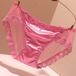 Women Briefs Traceless Lace Satin Silky Soft Underwear Lightweight Breathable Sexy Low Waist Panties Seamless Sweet Underpants