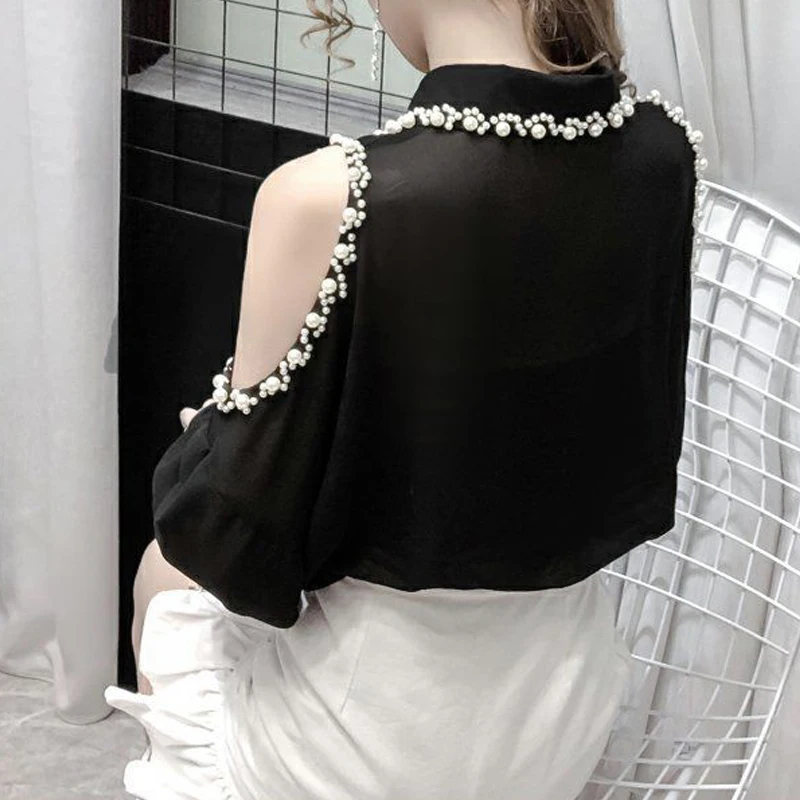 Sexy Off Shoulder Sheer Elegant Chic Beaded Black White Button Up Shirt Fashion Korean Long Sleeve Loose Top Blouse Women Blusas