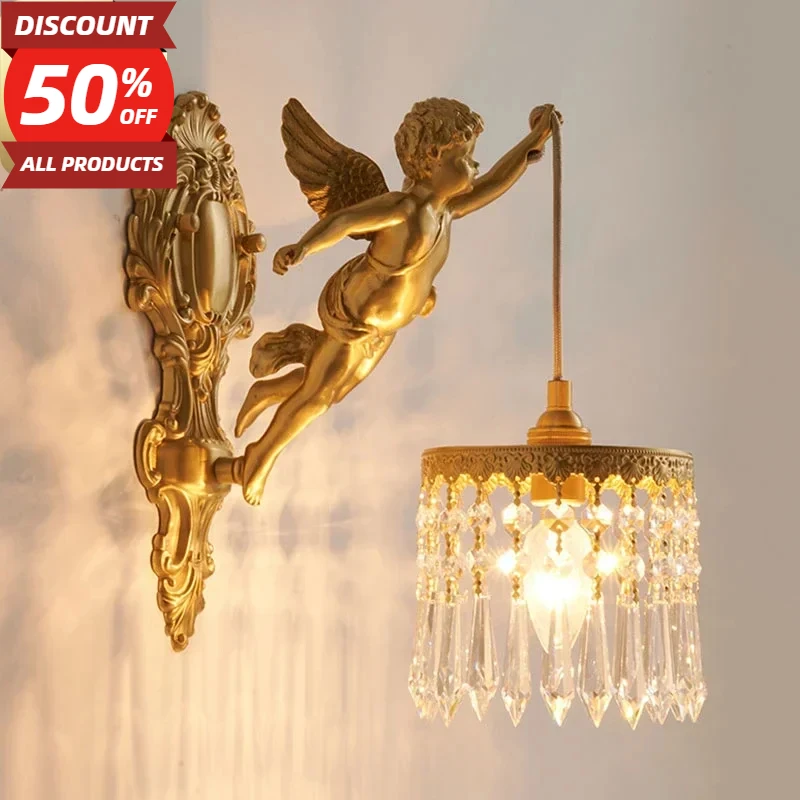 European Vintage Style Copper Angel Hanging Flower Crystal Wall Lamp Palace Corridor Entrance Porch Balcony Bedside Light