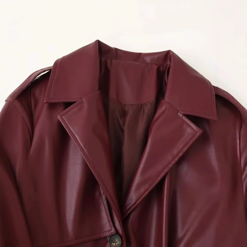 Casaco de couro pu vintage feminino high-end elegante lapela cintura longa sobre o joelho outono inverno outerwear