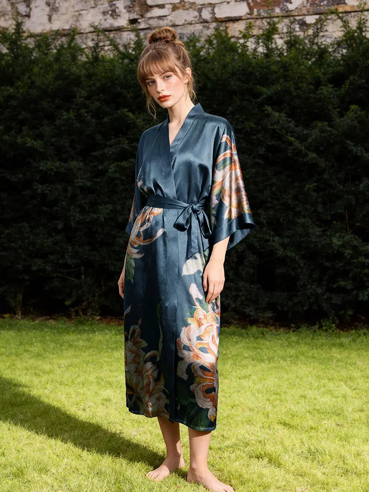 100% Mulberry Silk Long Robe Women's Plus Size Kimono Nightgown Elegant Morning Dressing Gown Sleepwear PJs Bathrobe Loungewear