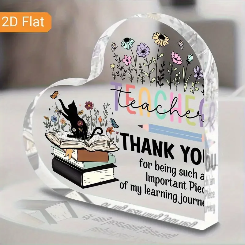 Thank You Teacher Heart Acrylic Table Decor, Cat & Wildflower Print Keepsake, Ideal Thanksgiving & Christmas Holiday Present