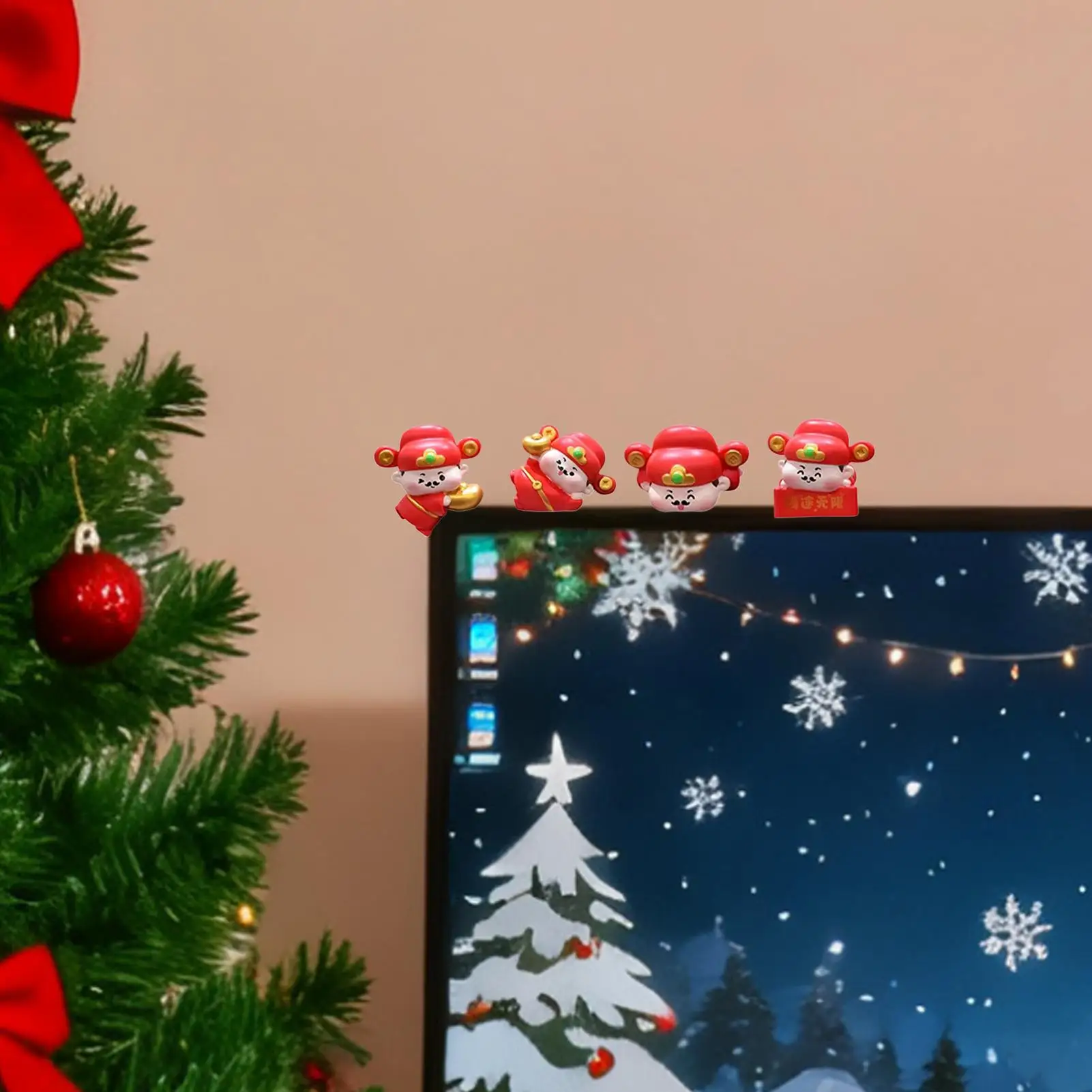 Dashboard Decorations Cute Resin God Of Wealth Figurine 4-Piece Computer Decorations For Computer Room Laptop Bedroom Home TV