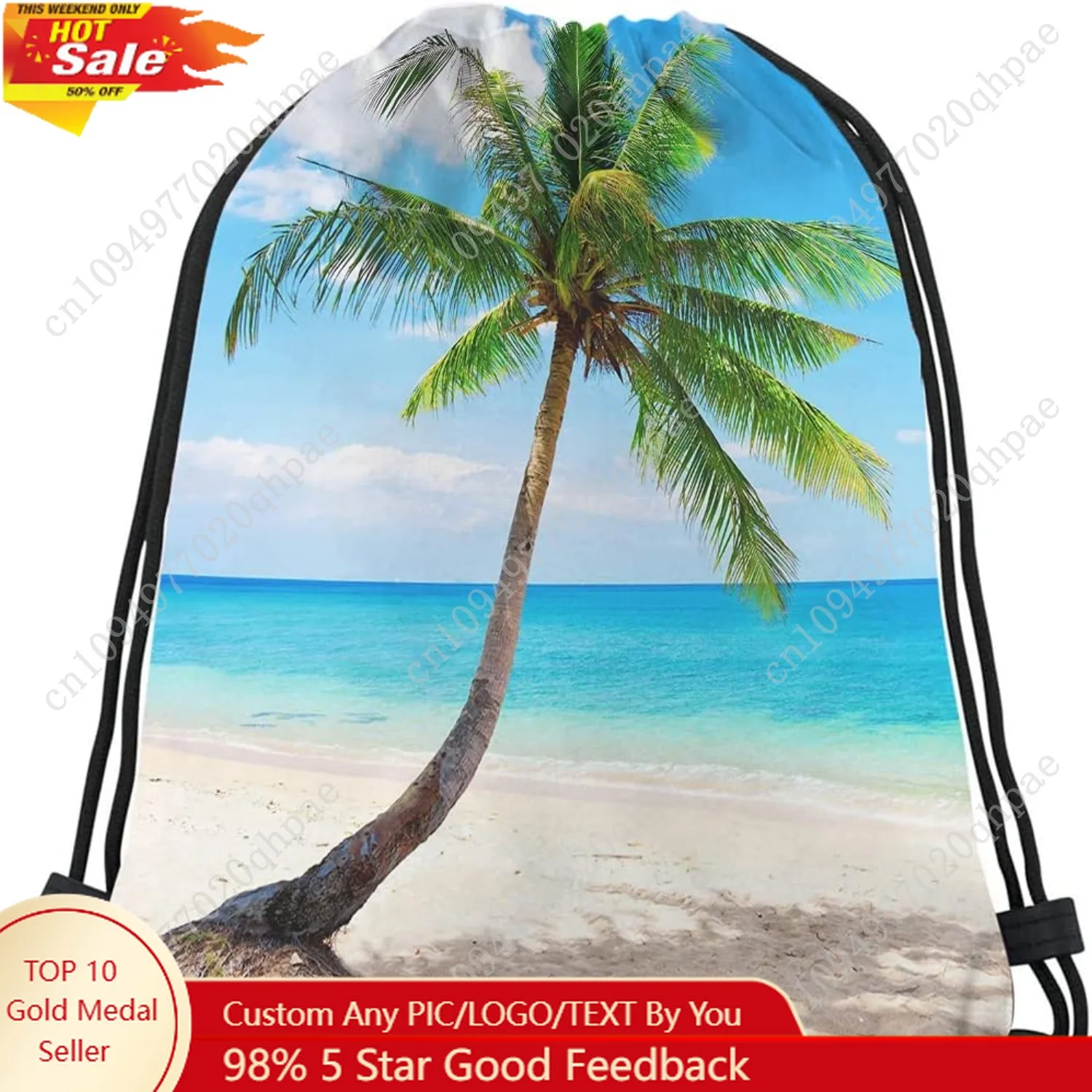 

Ocean Drawstring Bags Backpack Bag Summer Time Tropical Sandy Beach Palm Tree Landscape Sea Theme Caribbean Coastline Sport Gym