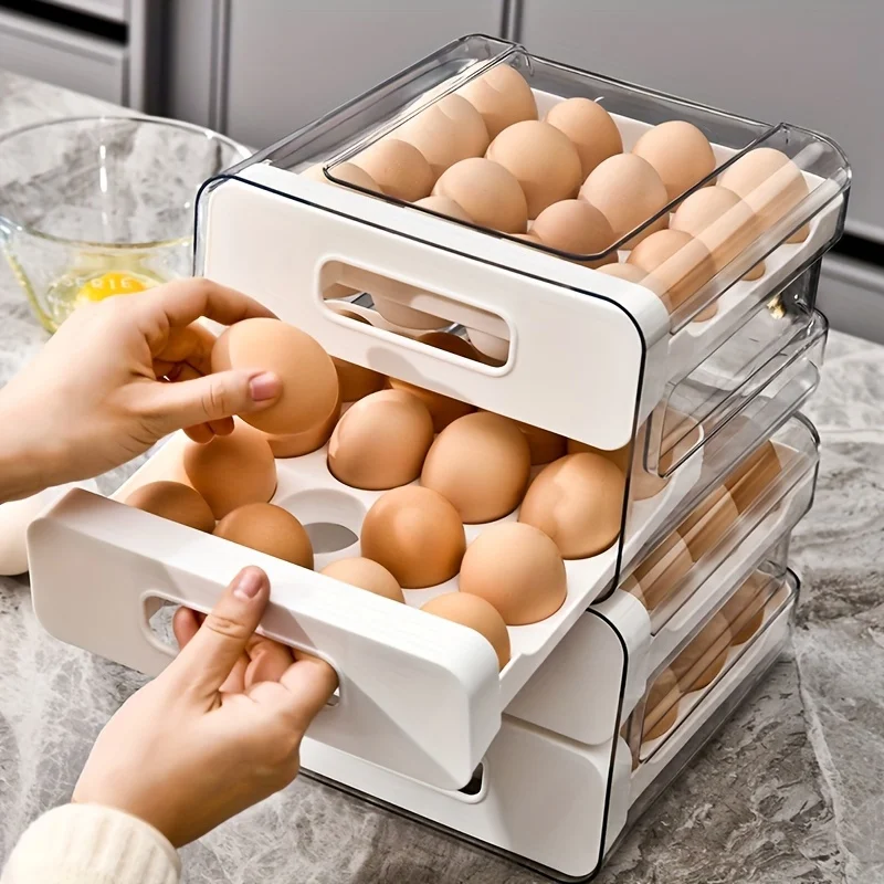 Large 32-Cell Transparent Double-Layer Egg Storage Box with Drawer - Made of durable PET+PP material, perfect for organizing you