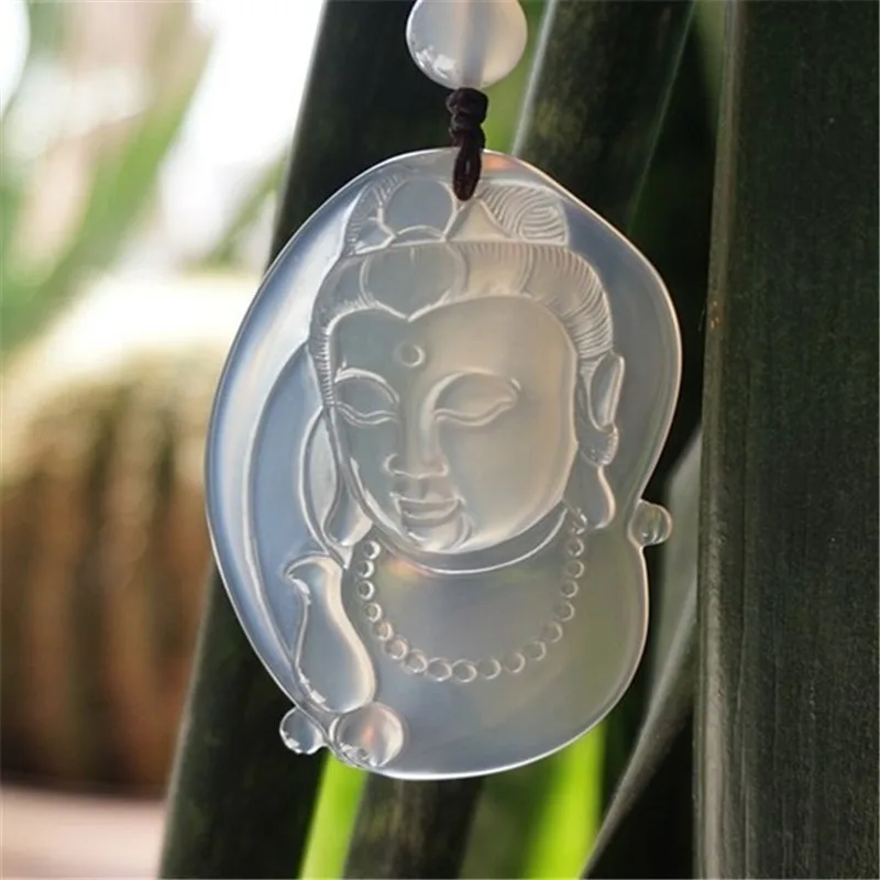 Natural Chinese  White Chalcedony Pith Guanyin Hand Carved  Pendant Fashion Men's and Women's Life Buddha Necklace JewelryGift