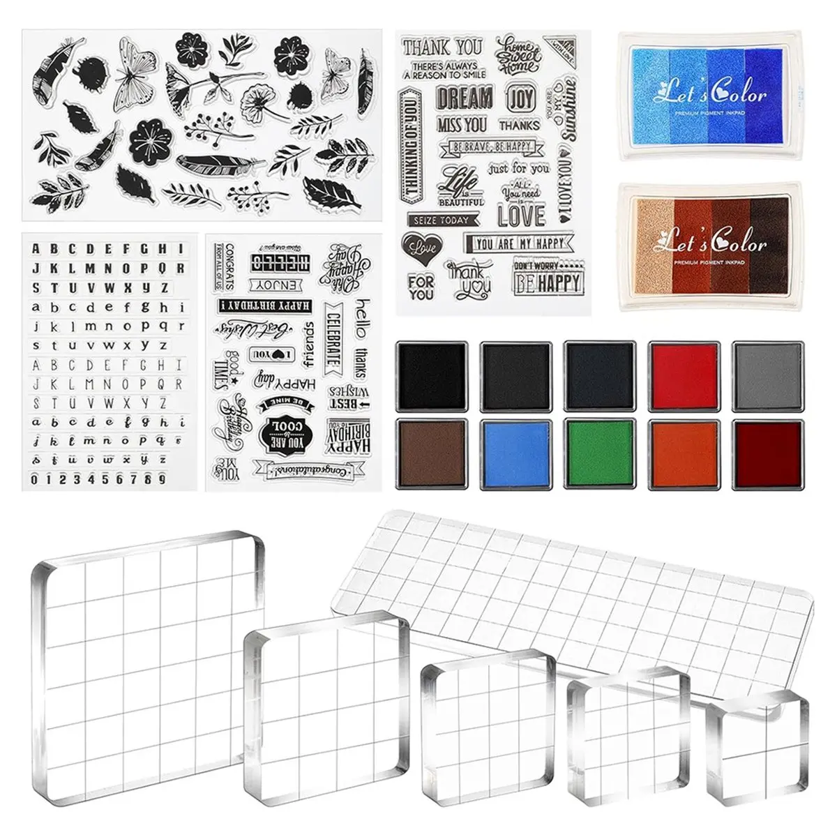 M09K 22 Pcs Crafting Stamps Set with Acrylic Stamp Blocks, Silicone Stamps, and Colorful Ink Pads for DIY Scrapbooking