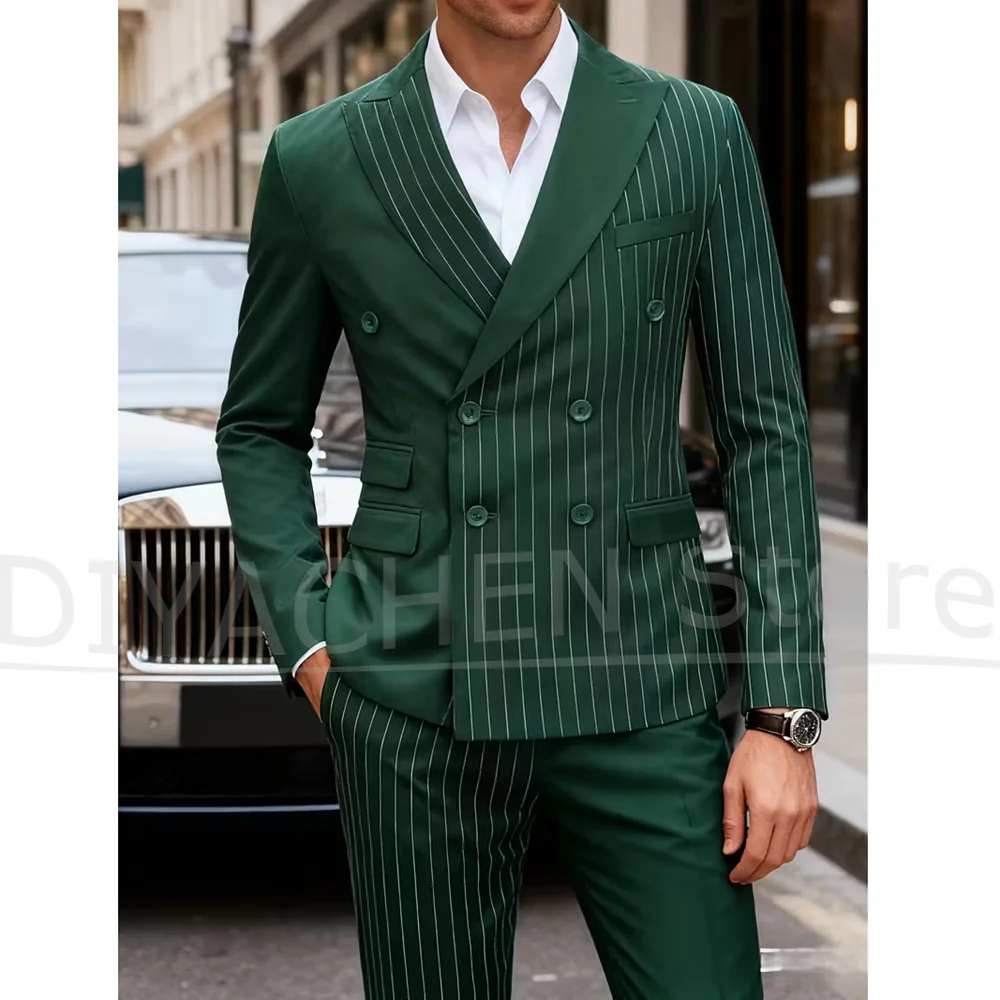 Chic Patchwork Men Suit Fashion Double Breasted Peak Lapel Blazer with Pants 2 Piece Set Formal Business Wedding Tuxedo