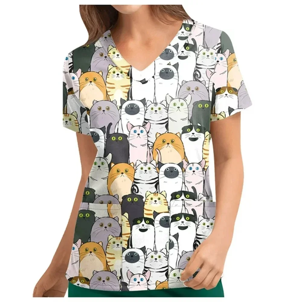 Cartoon 3D printing cute animal pattern nurse medical uniform V-neck pocket nursing short sleeve pocket fashion work clothes