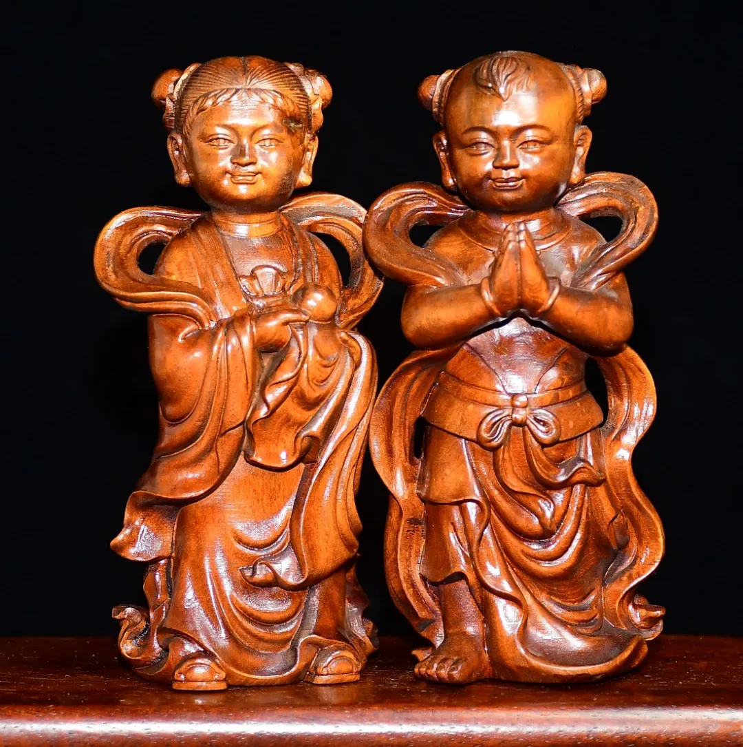 Boxwood Sudhana (the Boy of Good Wealth) golden boy and jade girl -- immortal boy and girl in waiting of a divine house