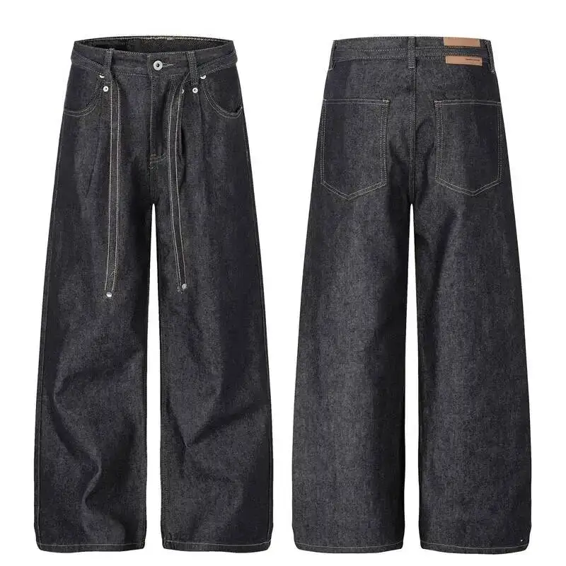 American-style Distressed Washed Jeans Visible Stitching Belt Unisex Loose-fitting Wide-leg Straight-leg Denim Pants UB8M