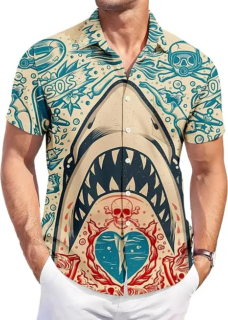Men's Hawaiian Short Sleeve Shirt Vintage Tattoo Style Shark Skull Ocean Print High Street Casual Summer Beach Daily Top