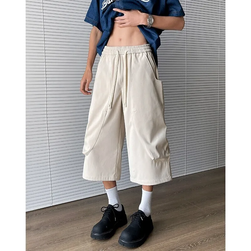 Summer Casual Pants Men Straight Wide Leg Pants Mens Japanese Streetwear Hip-hop Loose Cropped Trousers Man Plus Size 4XL